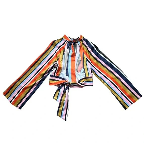 ASOS Multicolor Striped Satin Tie Top Pant Set Size 2 - Picture 4 of 9